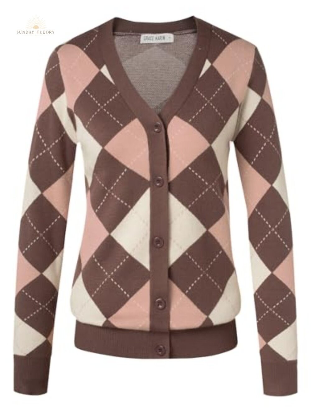 Womens Argyle Knit Cardigan Button Down V-Neck Preppy Sweater